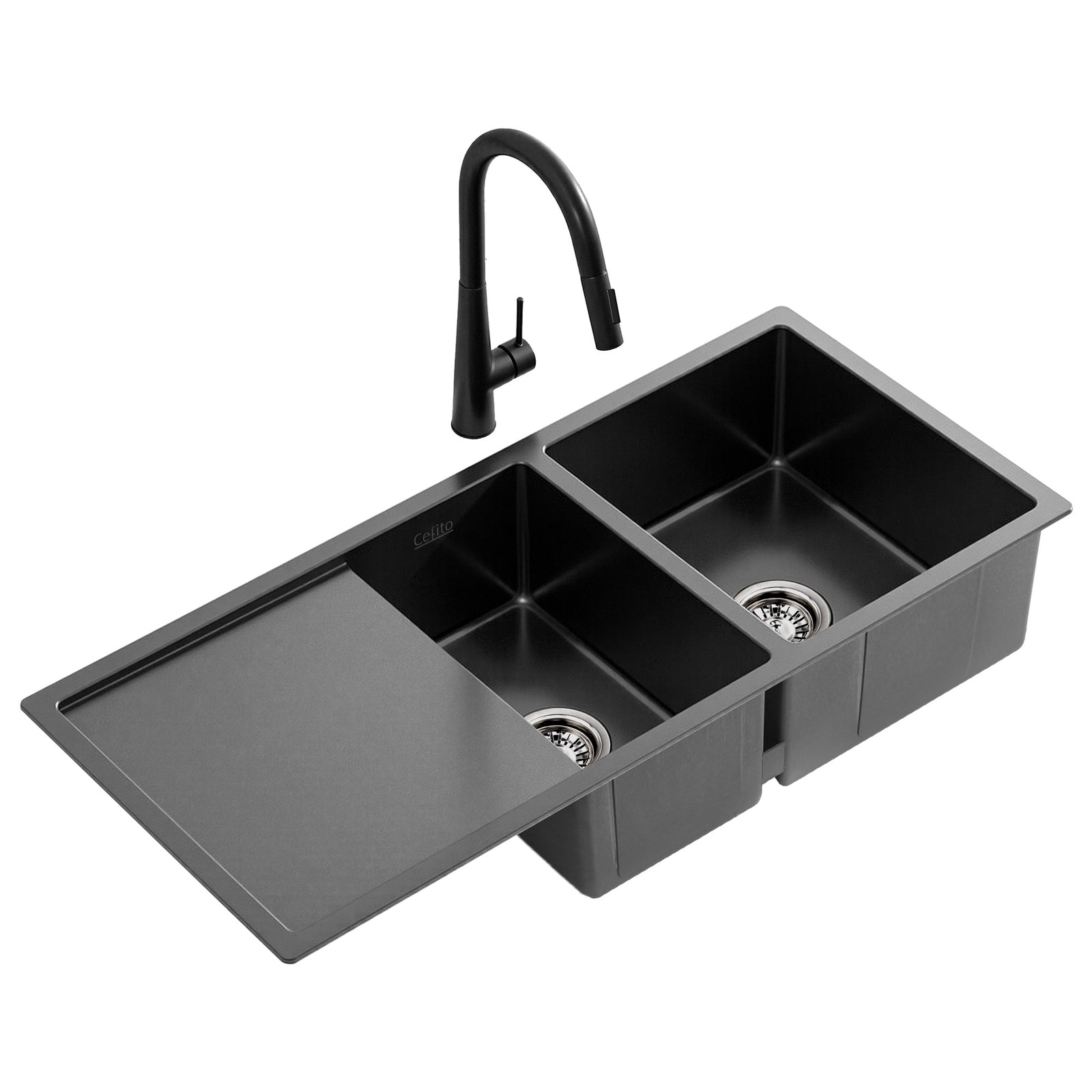 Stainless Steel Kitchen Sink | 100 x 45cm Double Bowl with Pull Out Mixer | Black