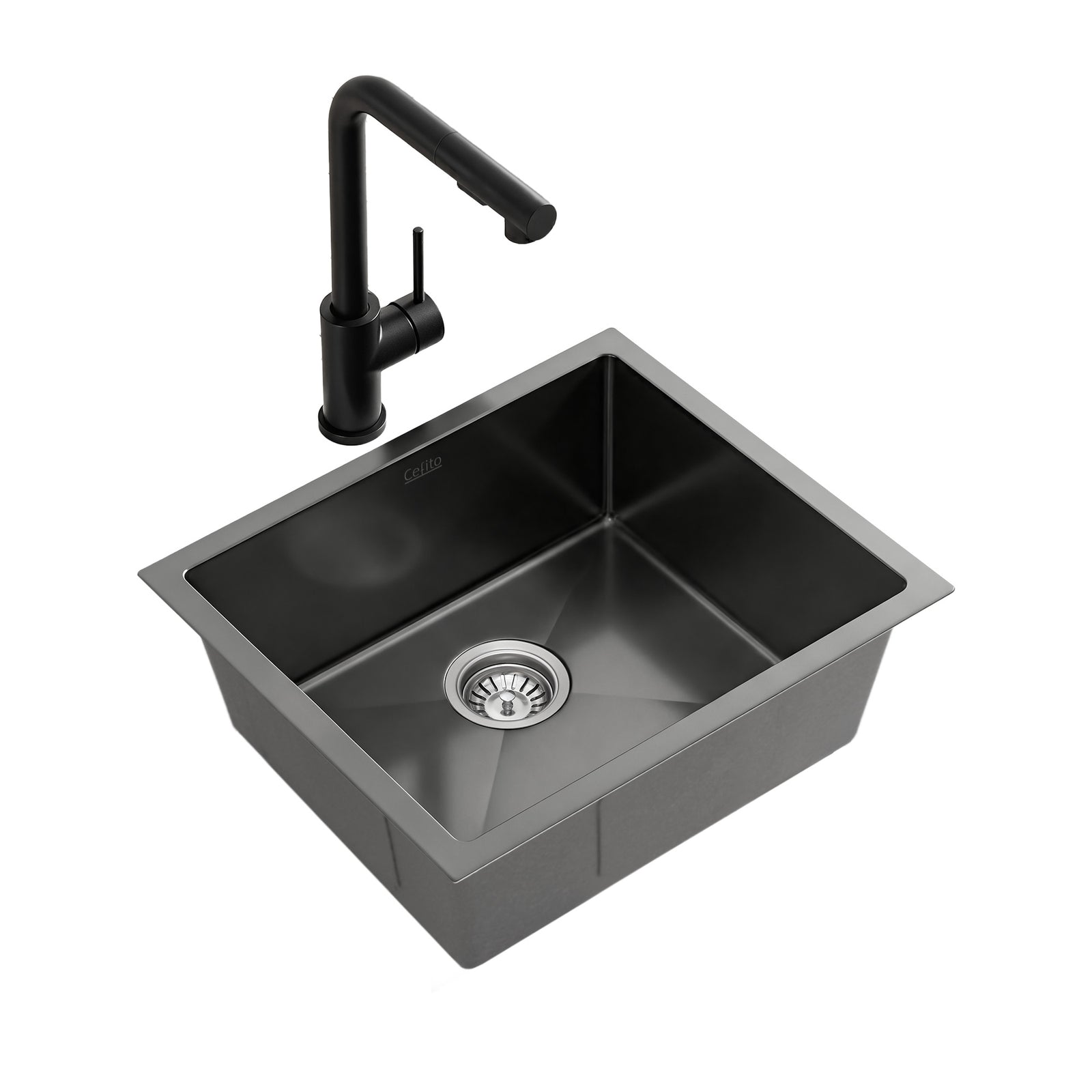Stainless Steel Kitchen Sink | 44 x 44cm Single Bowl with Pull Out Mixer | Black