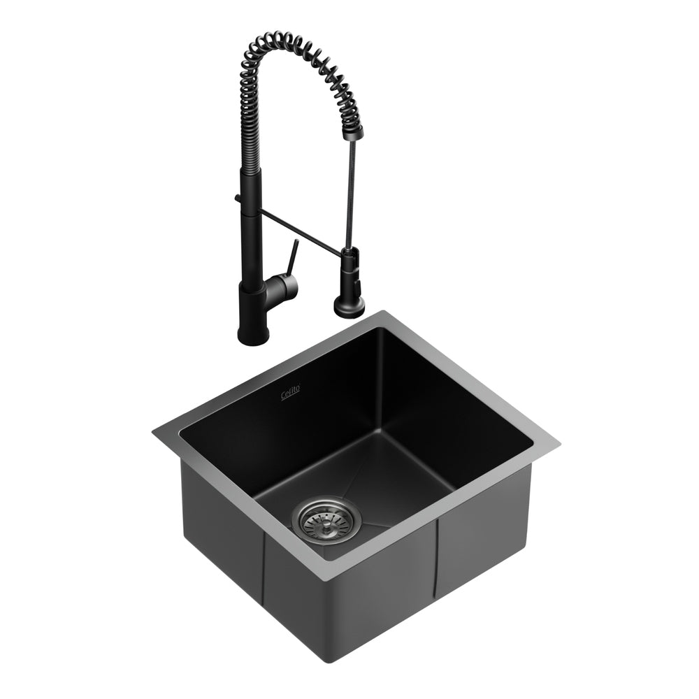 Kitchen Sink | Stainless Steel Single Bowl | 51 x 45 cm with Pull-Out Mixer Tap | Black