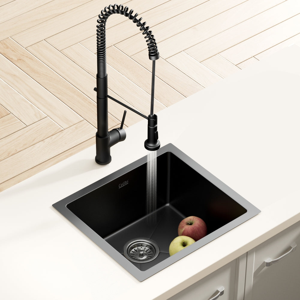 Kitchen Sink | Stainless Steel Single Bowl | 51 x 45 cm with Pull-Out Mixer Tap | Black