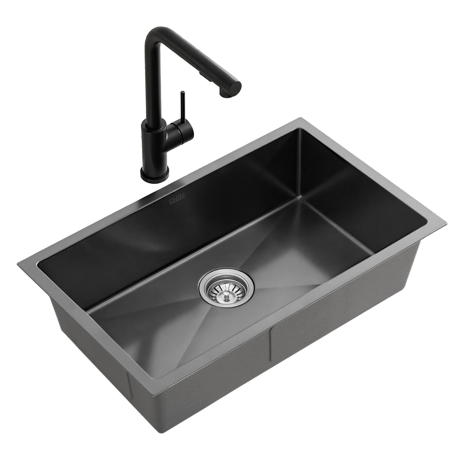 Stainless Steel Kitchen Sink | 60 x 45cm Single Bowl with Pull Out Mixer | Black