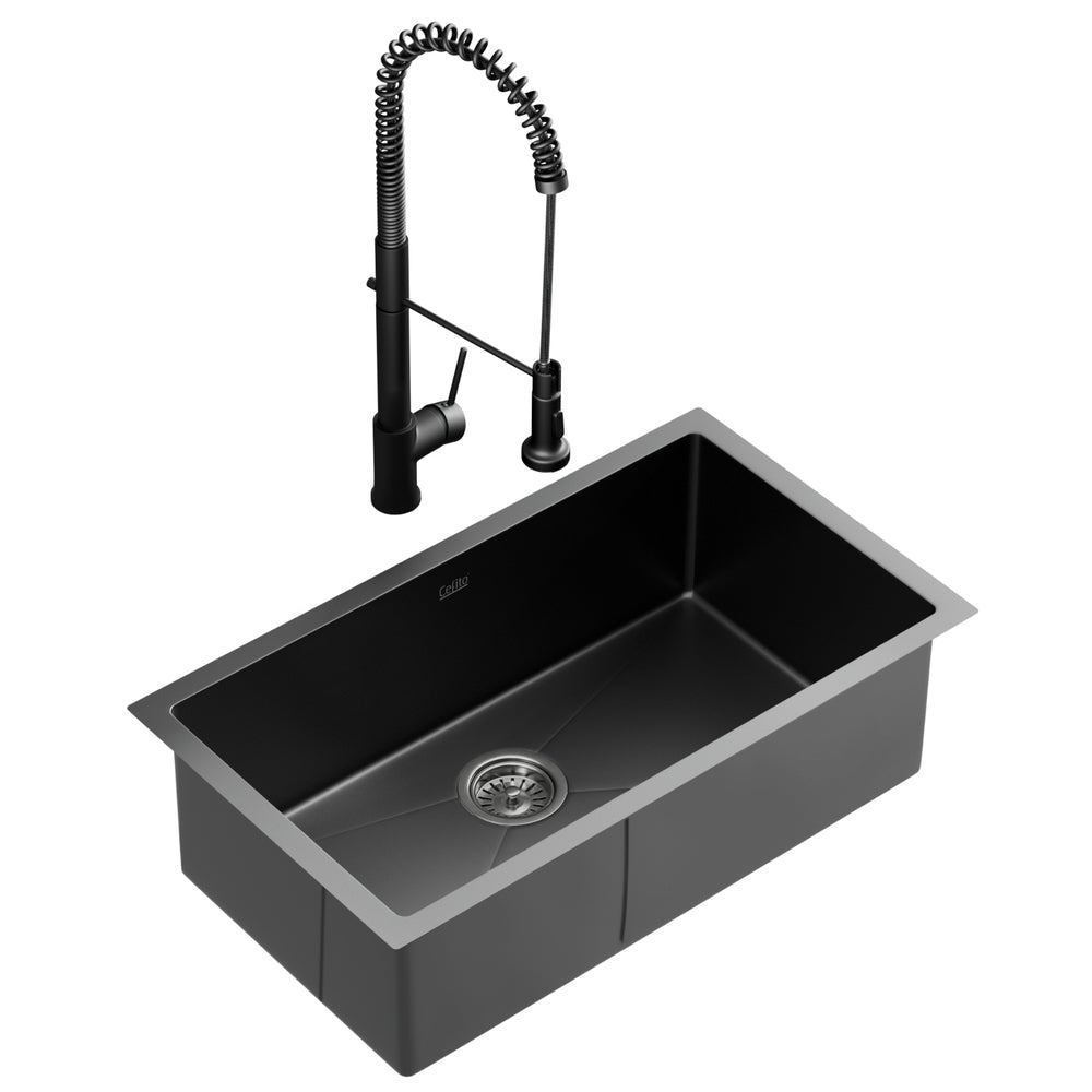 Kitchen Sink | Stainless Steel Single Bowl | 70 x 45 cm with Pull-Out Mixer Tap | Black