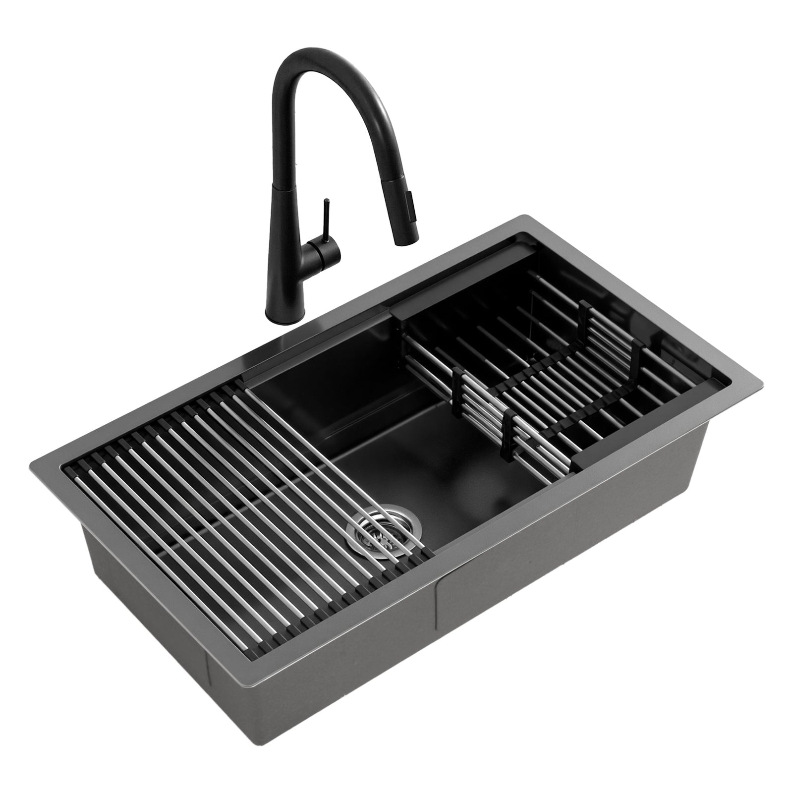 Stainless Steel Kitchen Sink | 70 x 45cm Single Bowl with Pull Out Mixer | Black