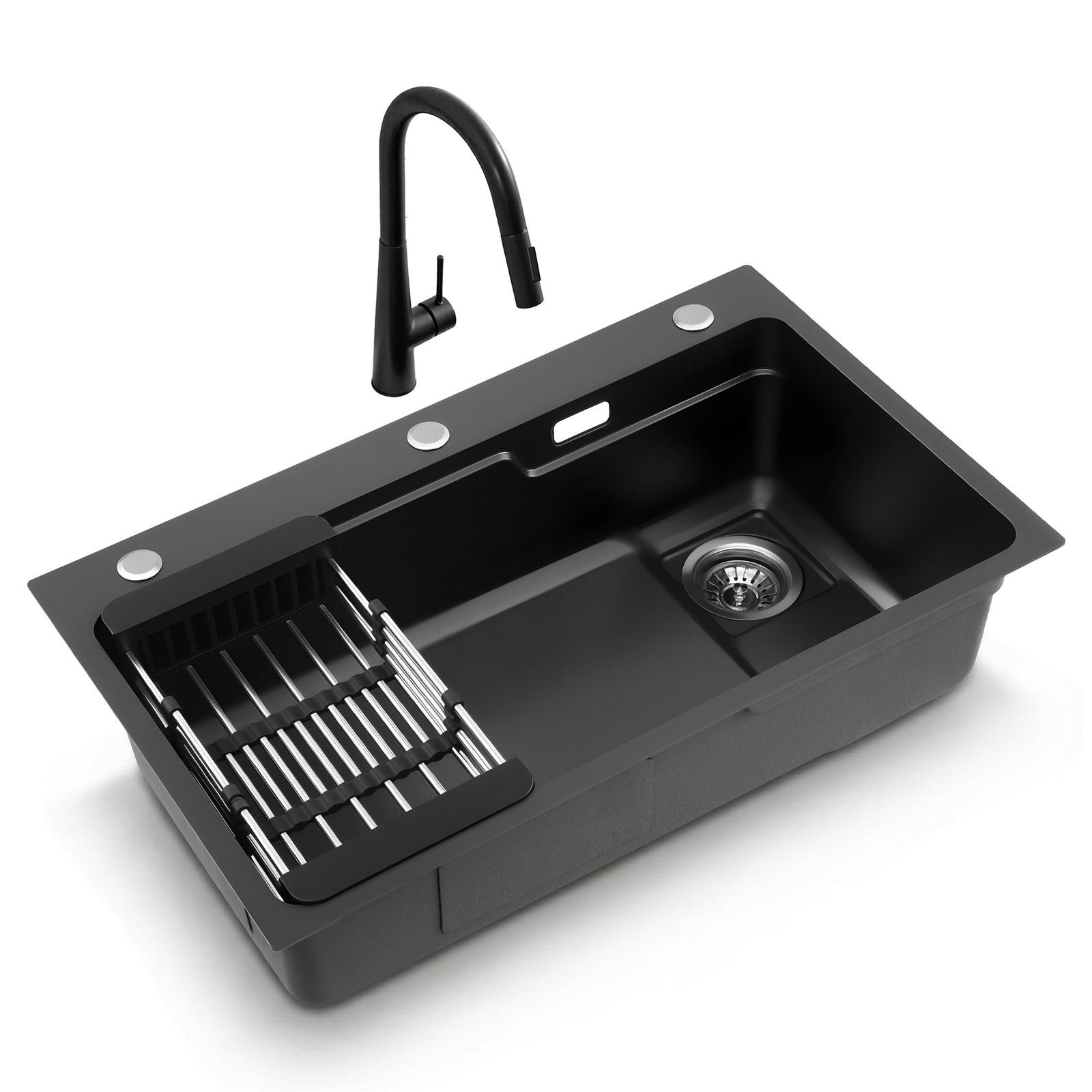 Stainless Steel Kitchen Sink | 75 x 45cm Single Bowl with Pull Out Mixer | Black