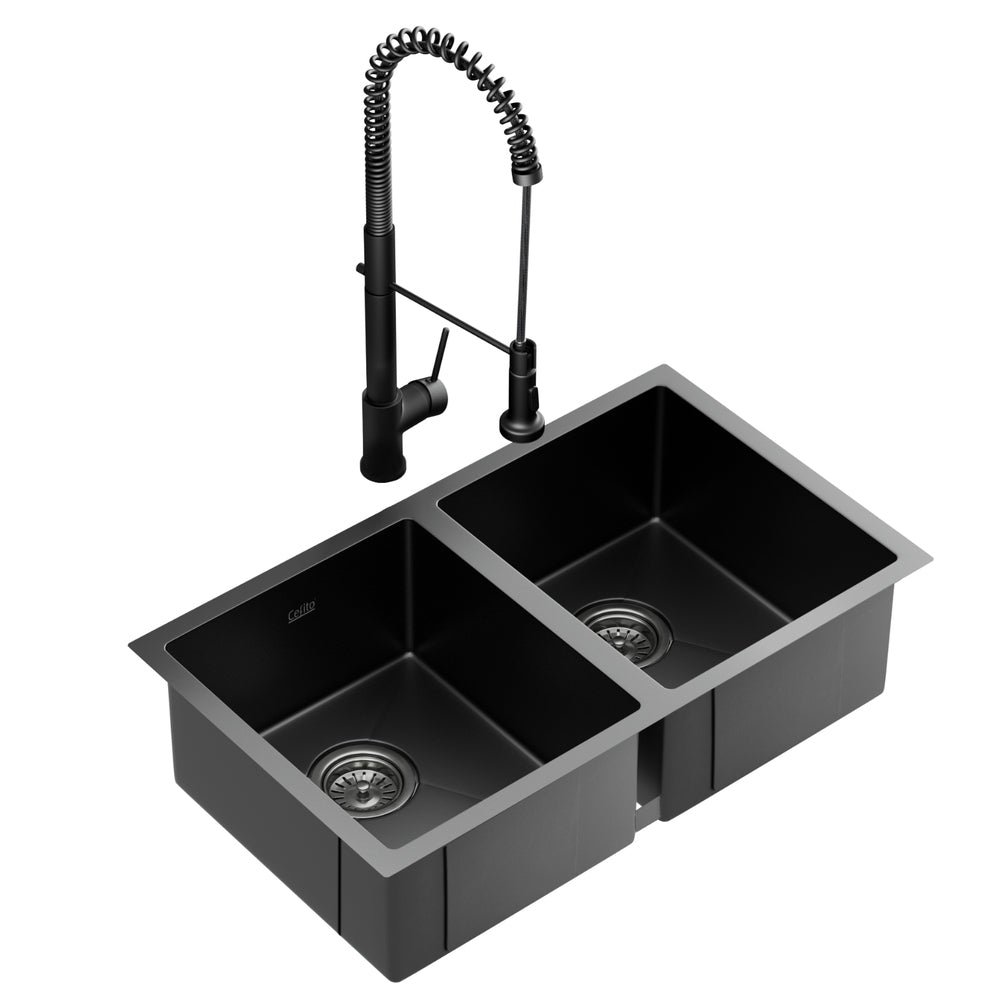 Kitchen Sink | Stainless Steel Double Bowl | 77 x 45 cm with Pull-Out Mixer Tap | Black