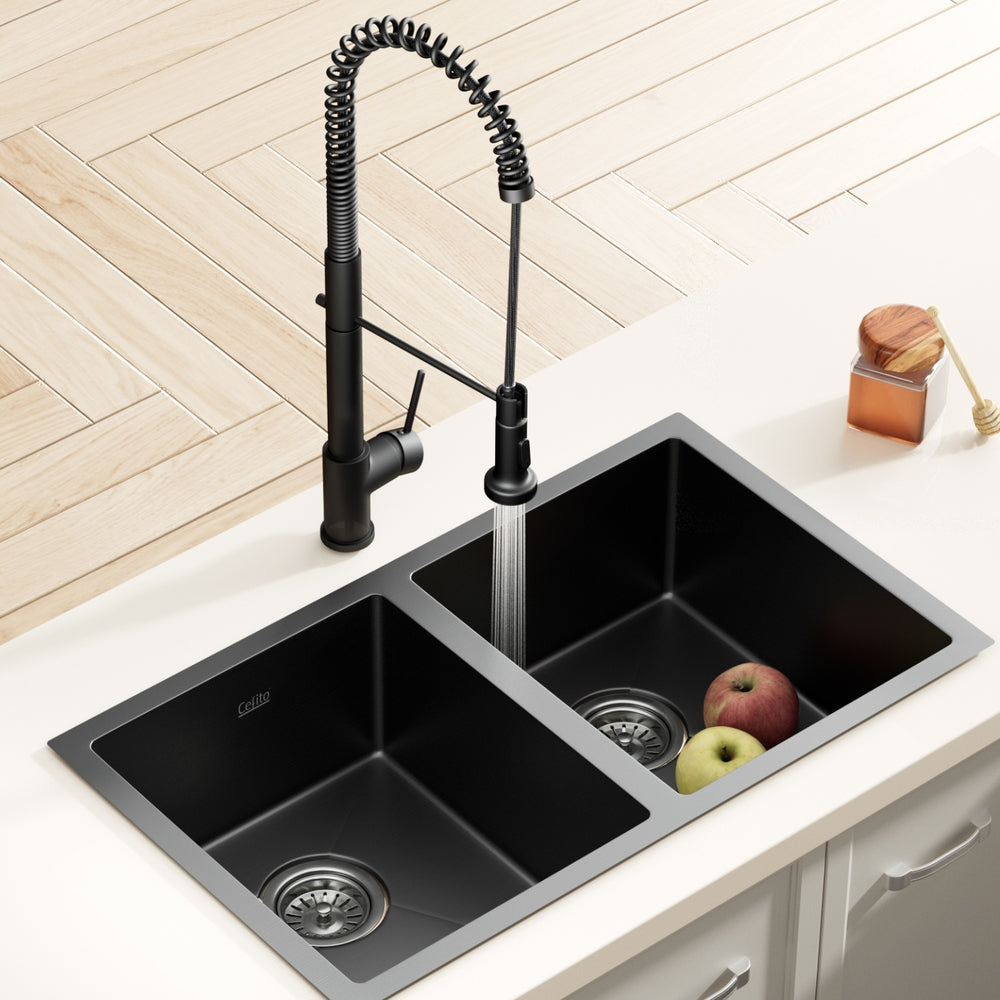 Kitchen Sink | Stainless Steel Double Bowl | 77 x 45 cm with Pull-Out Mixer Tap | Black