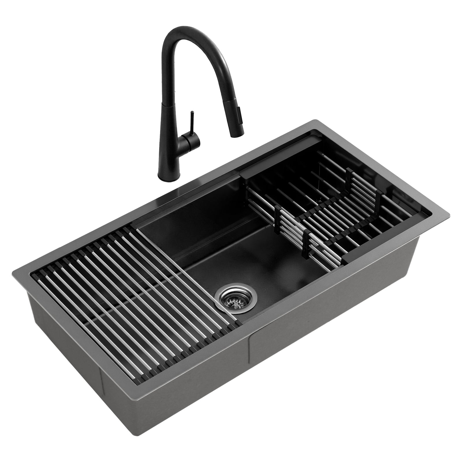 Stainless Steel Kitchen Sink | 81 x 45cm Single Bowl with Pull Out Mixer | Black