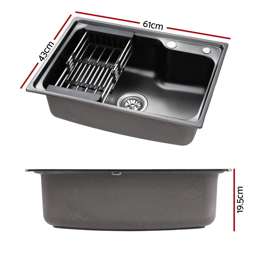 Cefito | Kitchen Sink | 61X43CM | Stainless Steel Basin | Single Bowl | Black | With Drain Basket