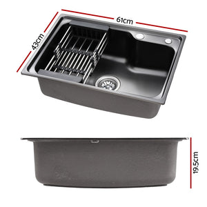 Cefito | Kitchen Sink | 61X43CM | Stainless Steel Basin | Single Bowl | Black | With Drain Basket
