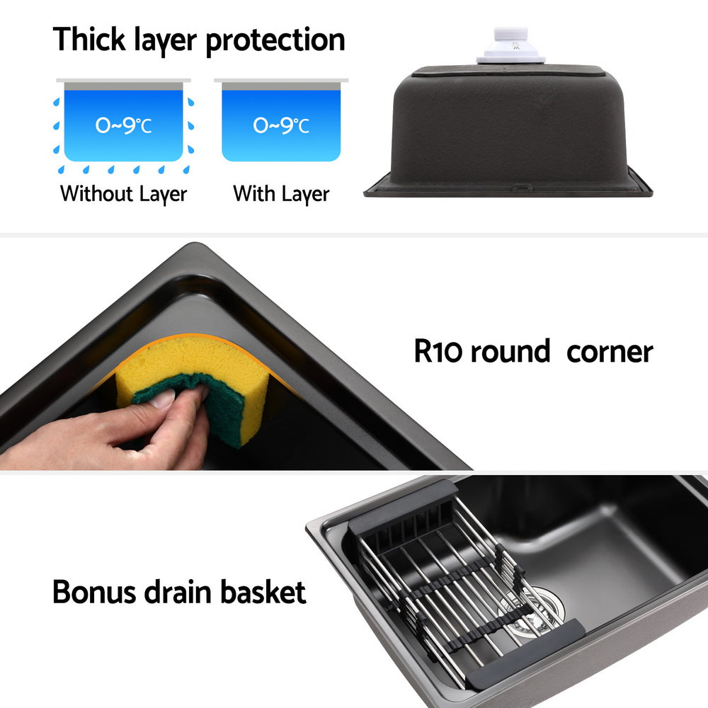Cefito | Kitchen Sink | 61X43CM | Stainless Steel Basin | Single Bowl | Black | With Drain Basket