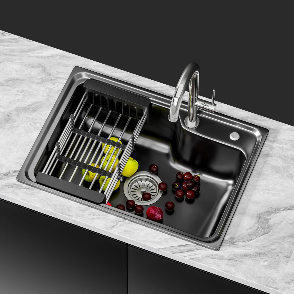 Cefito | Kitchen Sink | 61X43CM | Stainless Steel Basin | Single Bowl | Black | With Drain Basket