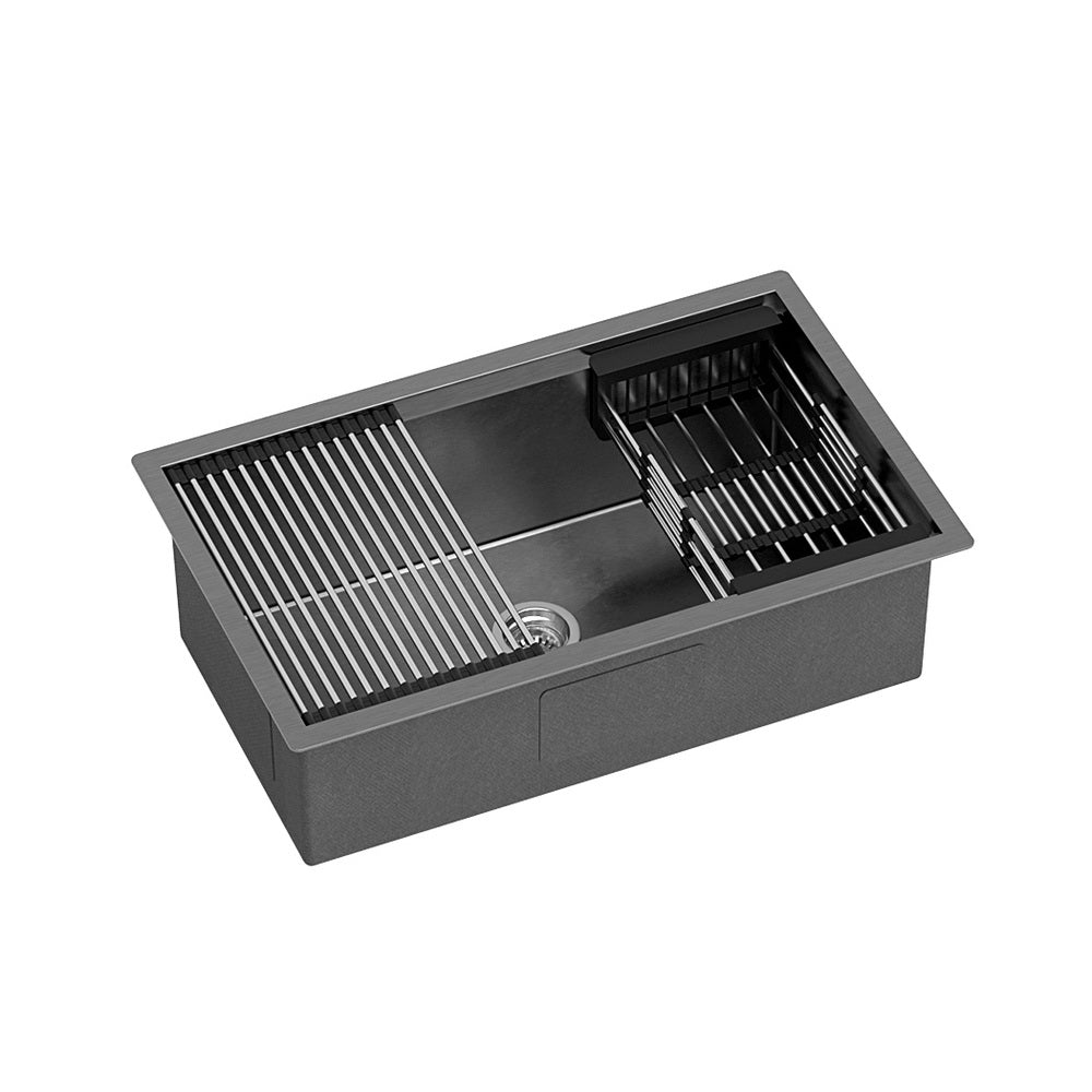 Cefito | Kitchen Sink | 70X45CM | Stainless Steel | Single Bowl | Drain Rack Basket | Black