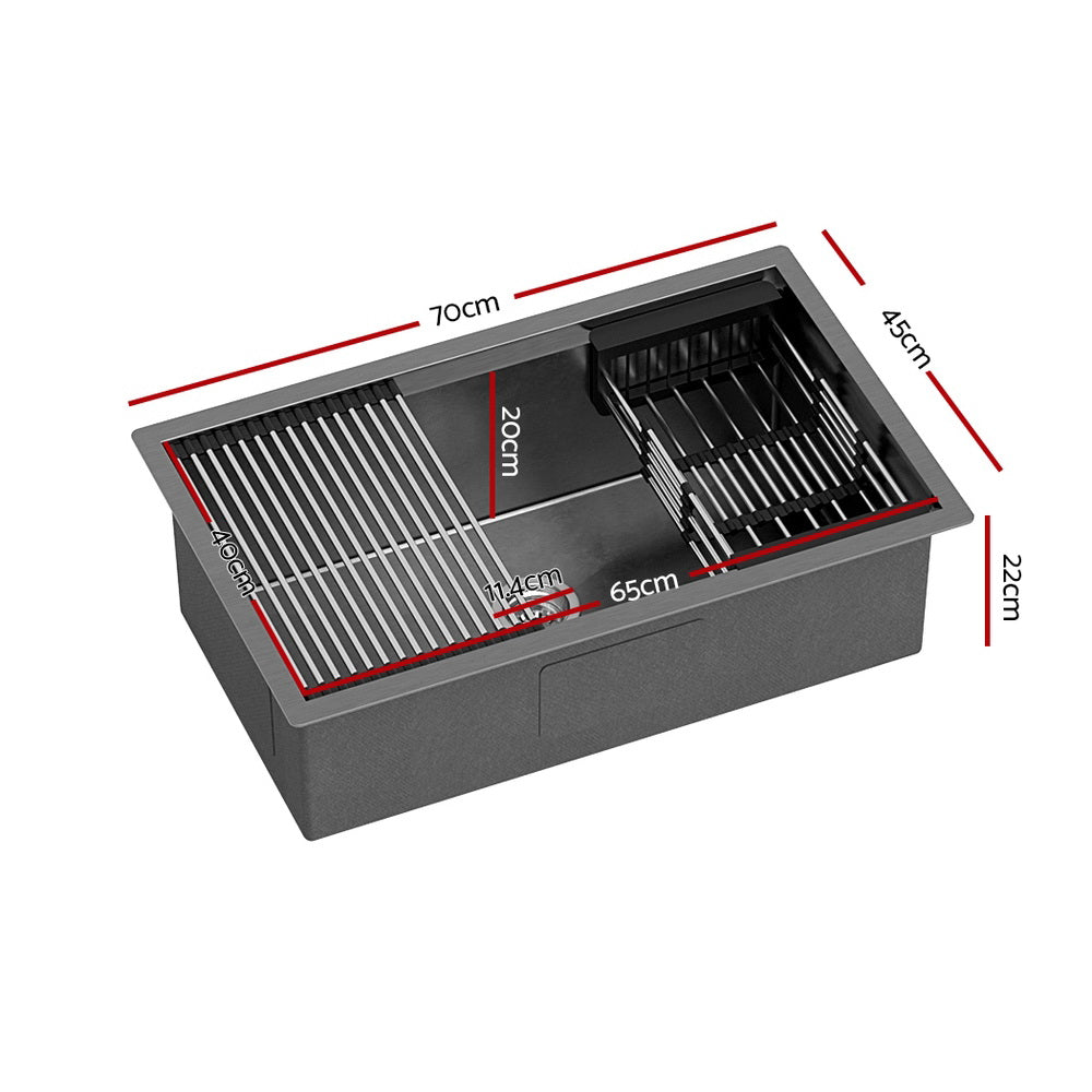 Cefito | Kitchen Sink | 70X45CM | Stainless Steel | Single Bowl | Drain Rack Basket | Black