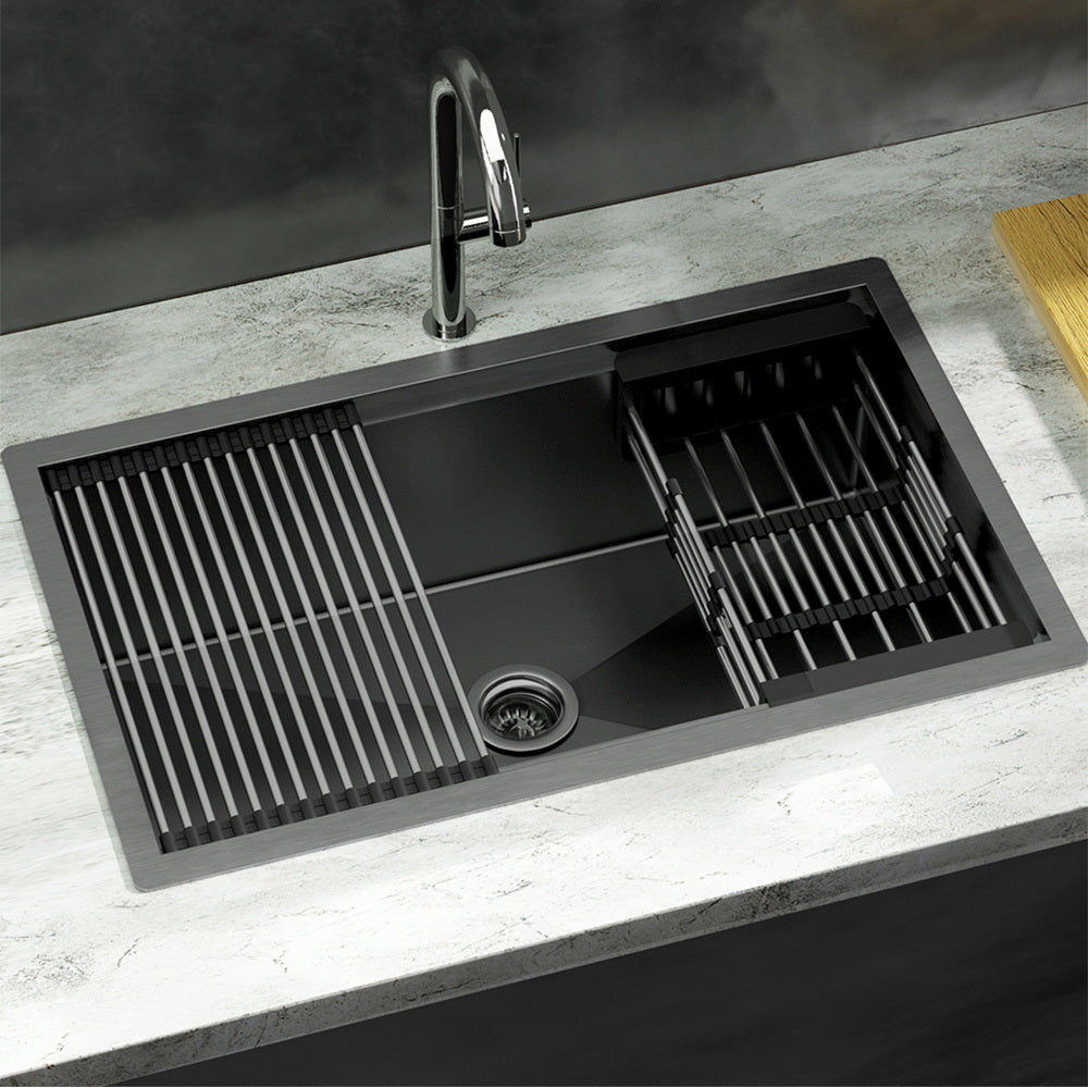 Cefito | Kitchen Sink | 70X45CM | Stainless Steel | Single Bowl | Drain Rack Basket | Black