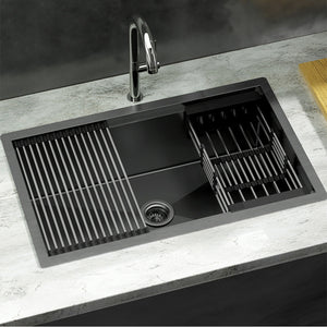 Cefito | Kitchen Sink | 70X45CM | Stainless Steel | Single Bowl | Drain Rack Basket | Black