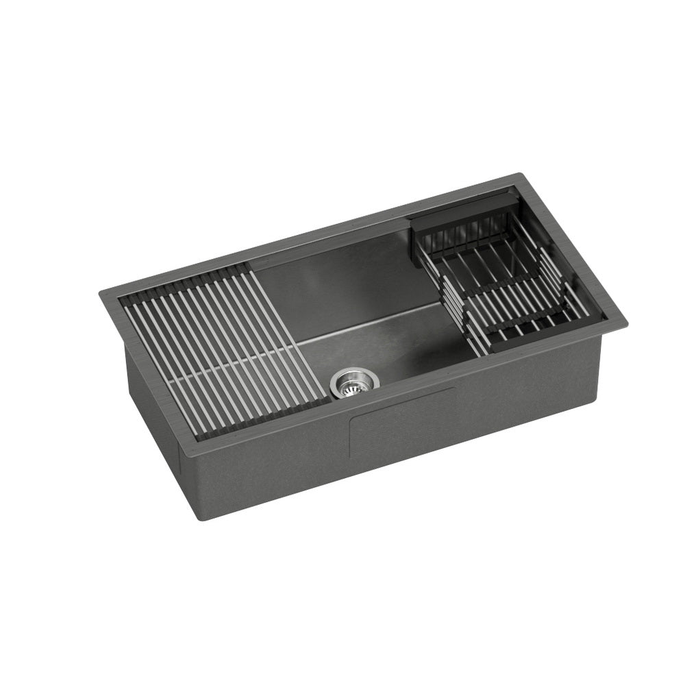 Cefito | Kitchen Sink | 81X45CM | Stainless Steel | Single Bowl | Drain Rack Basket | Black
