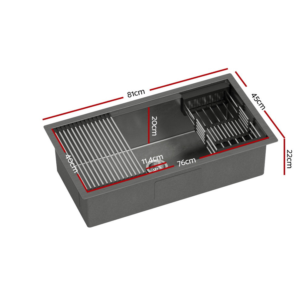 Cefito | Kitchen Sink | 81X45CM | Stainless Steel | Single Bowl | Drain Rack Basket | Black