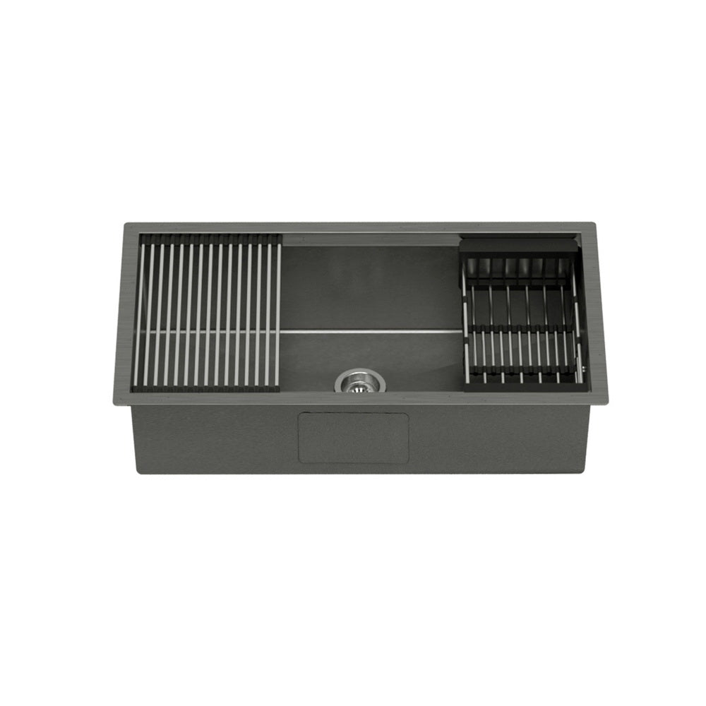 Cefito | Kitchen Sink | 81X45CM | Stainless Steel | Single Bowl | Drain Rack Basket | Black