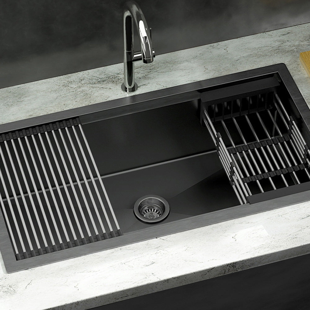 Cefito | Kitchen Sink | 81X45CM | Stainless Steel | Single Bowl | Drain Rack Basket | Black