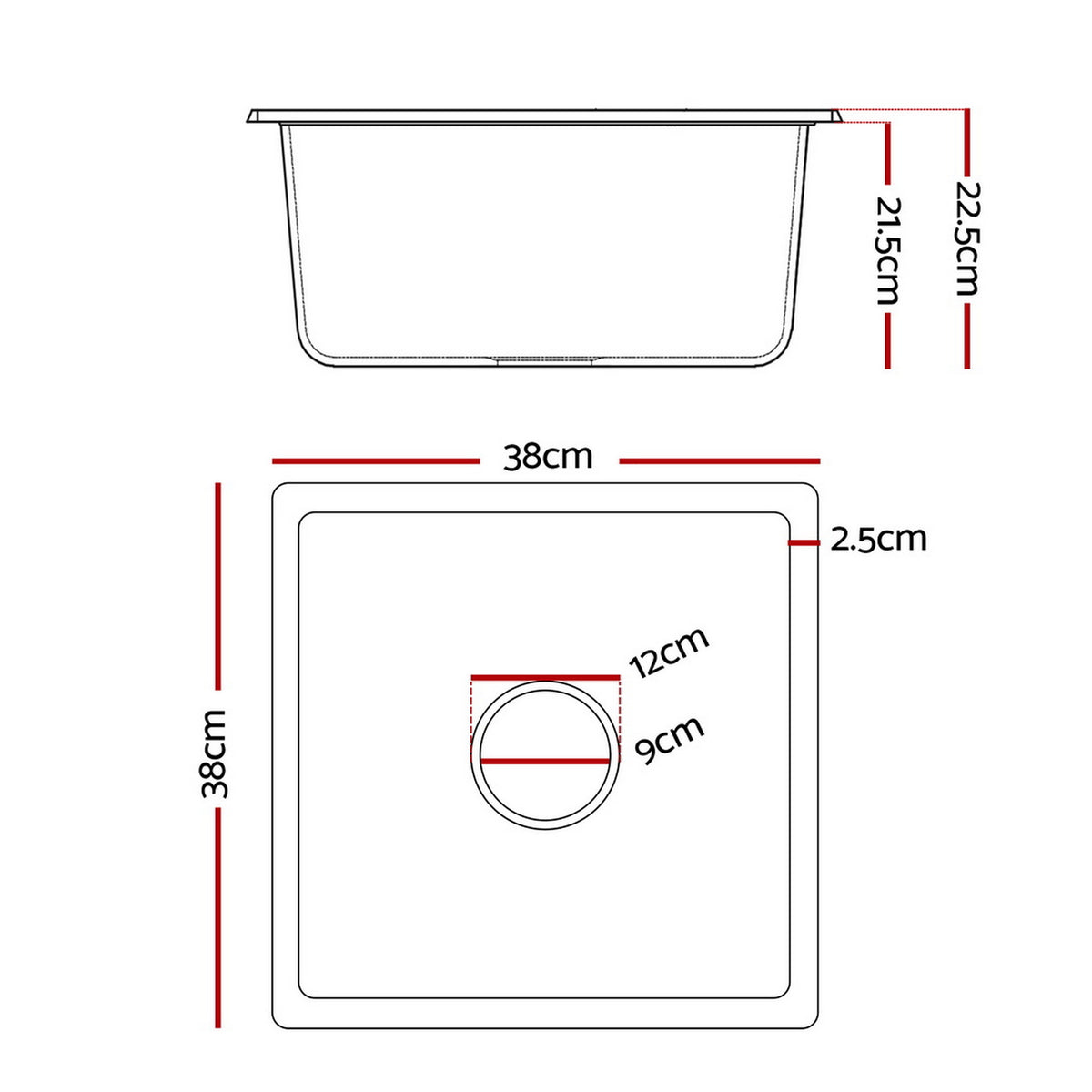 Granite Kitchen Sink | 38x38cm | Single Bowl | Black