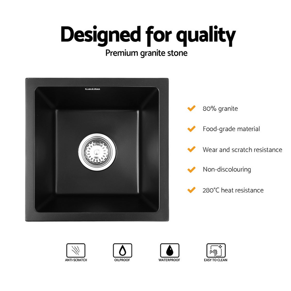 Granite Kitchen Sink | 38x38cm | Single Bowl | Black