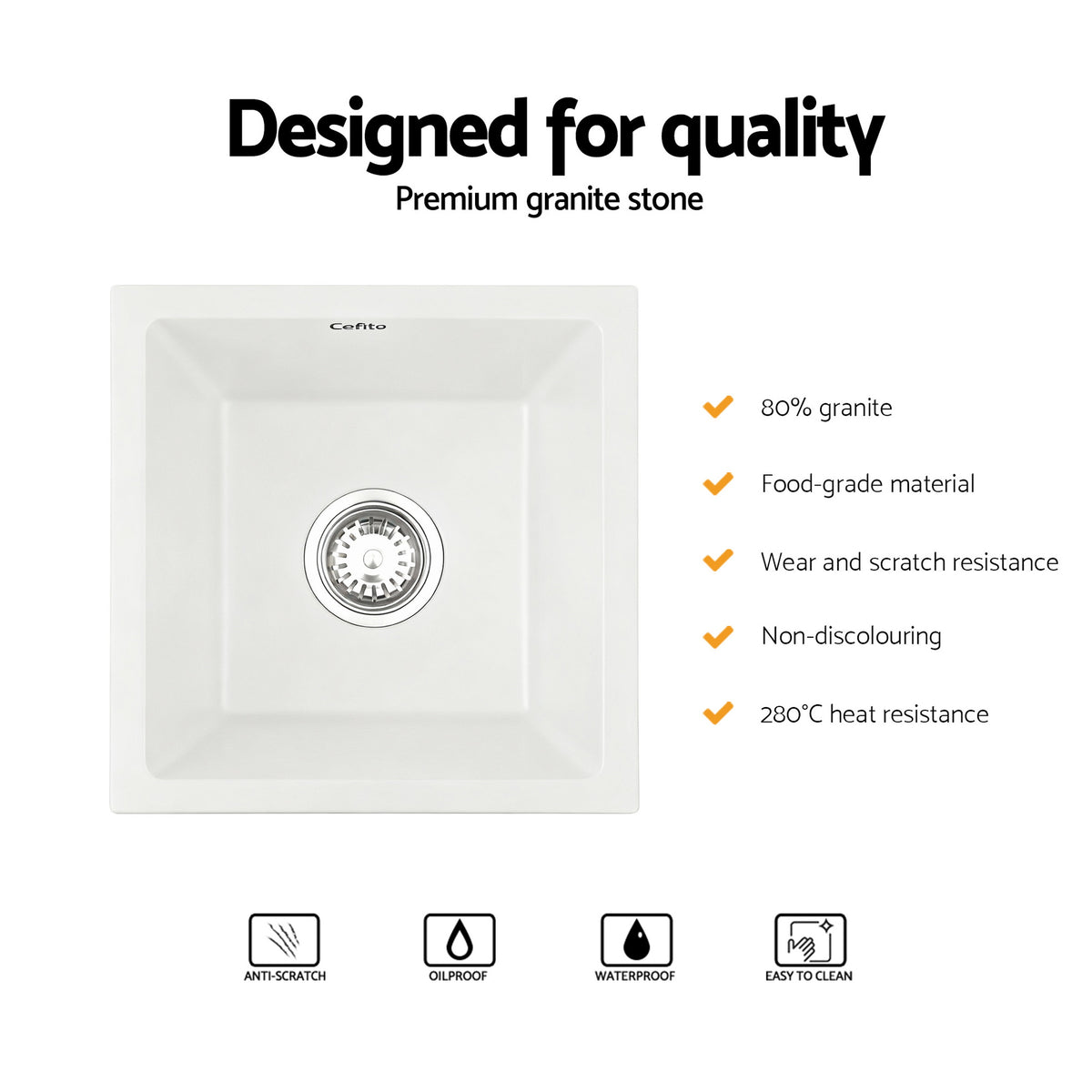 Granite Stone Sink | 38x38cm | Single Bowl | White
