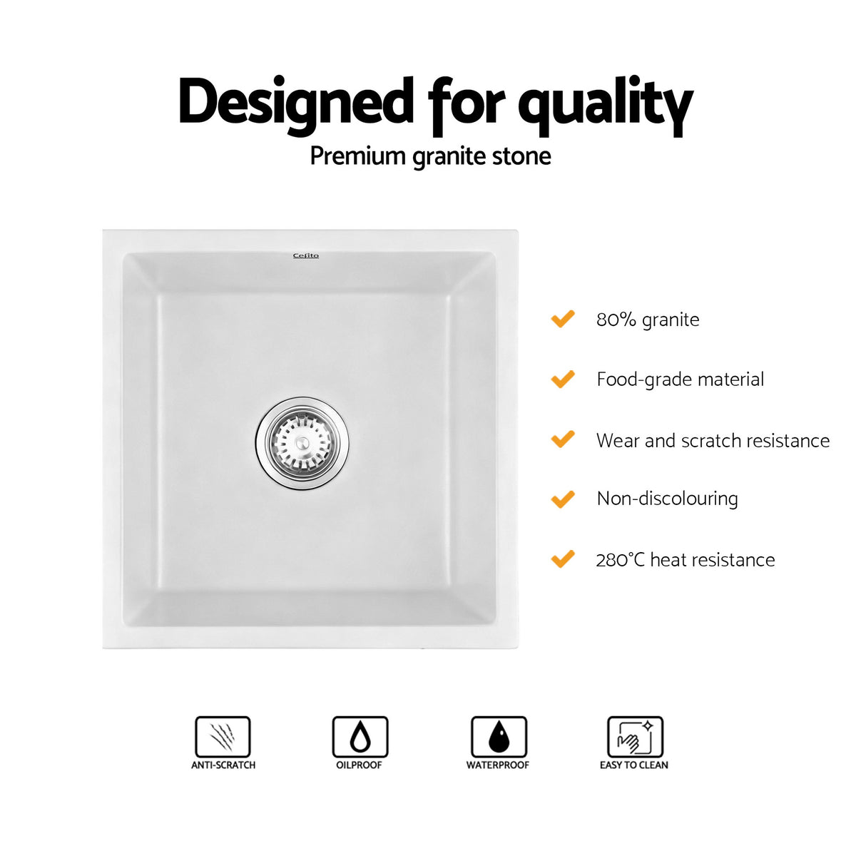 Granite Stone Sink | 45x45cm | Single Bowl | White