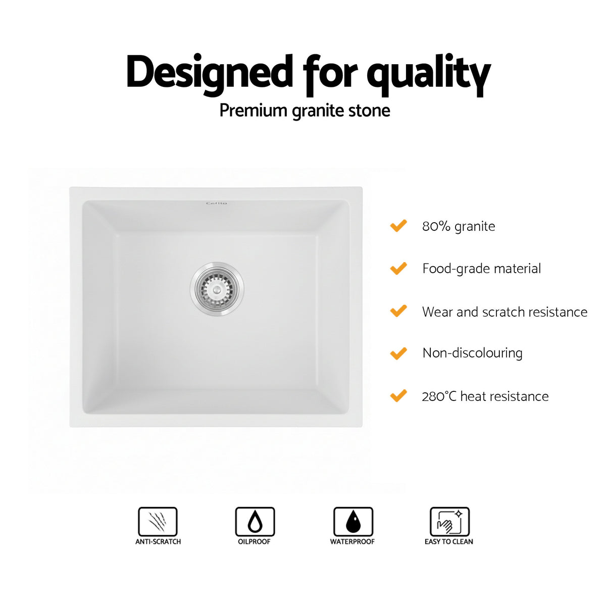 Granite Stone Sink | 55x45cm | Single Bowl | White