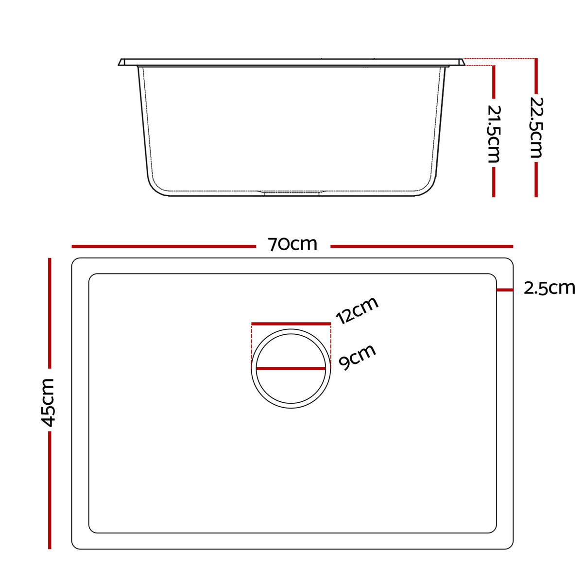 Granite Kitchen Sink | 70x45cm | Single Bowl | Black