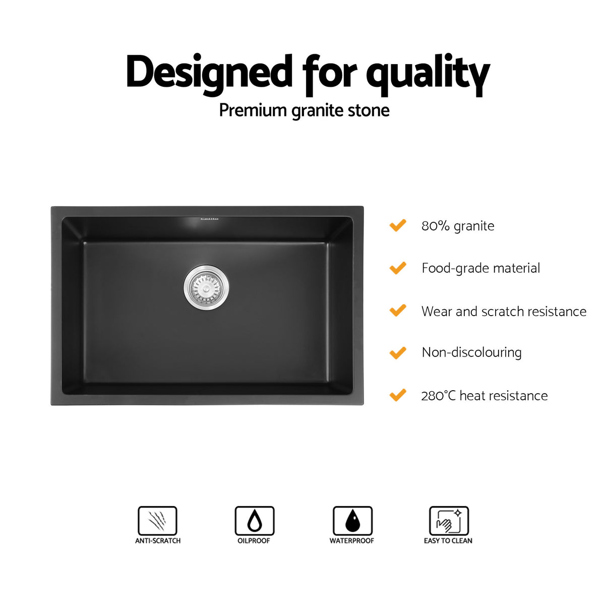 Granite Kitchen Sink | 70x45cm | Single Bowl | Black