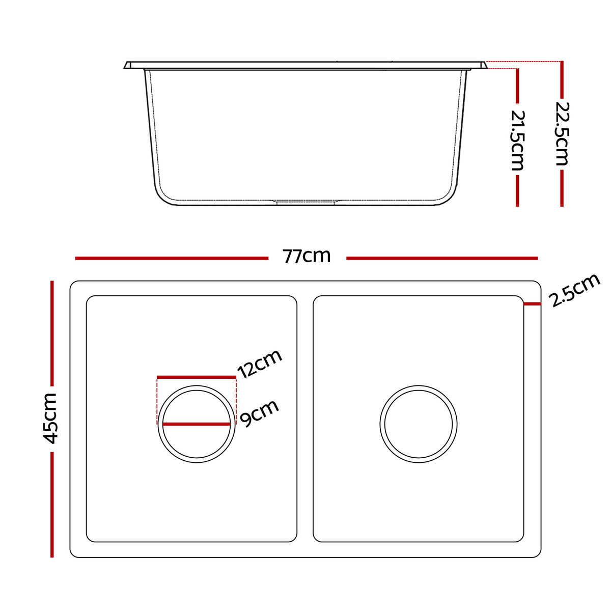Granite Kitchen Sink | 77x45cm | Double Bowl | Black