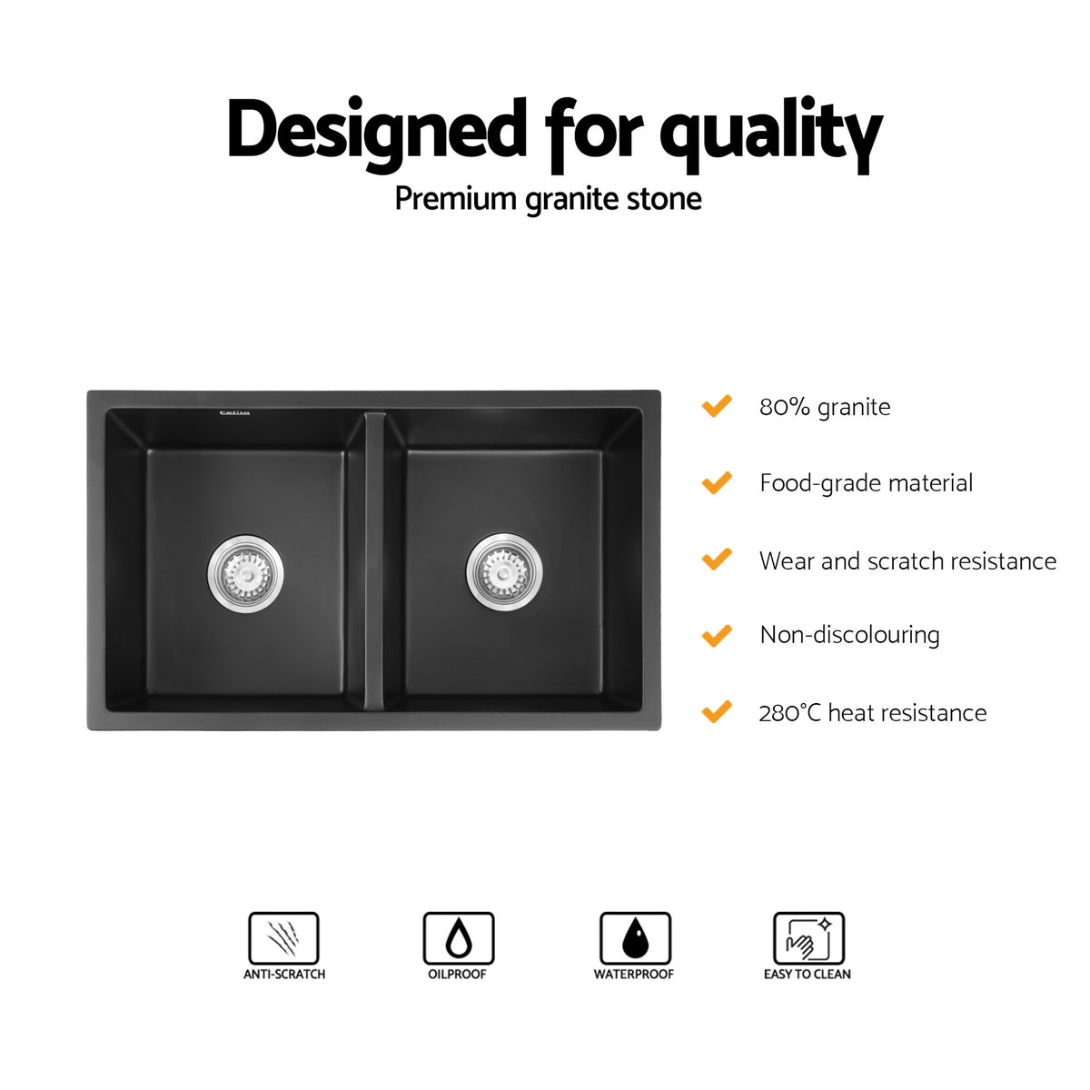 Granite Kitchen Sink | 77x45cm | Double Bowl | Black