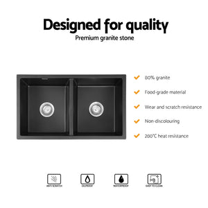 Granite Kitchen Sink | 77x45cm | Double Bowl | Black