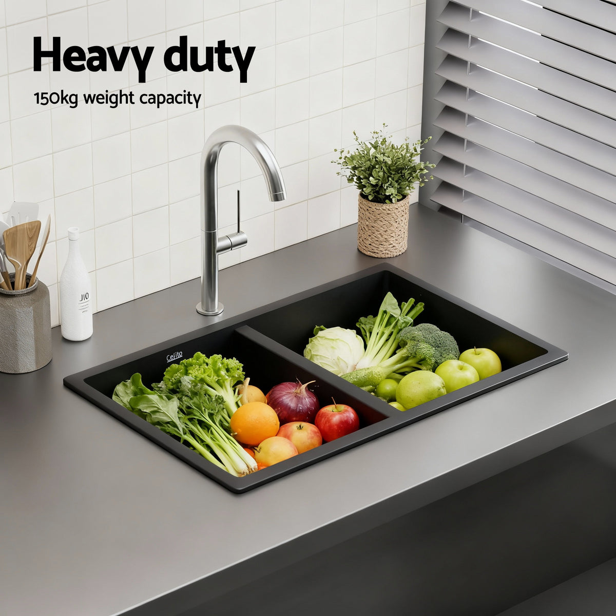 Granite Kitchen Sink | 77x45cm | Double Bowl | Black