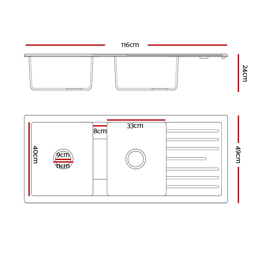 Cefito | Kitchen Sink | Stone Sink | Granite Laundry Basin | Double Bowl | 116x49cm | Black
