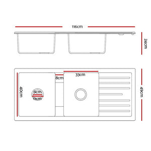 Cefito | Kitchen Sink | Stone Sink | Granite Laundry Basin | Double Bowl | 116x49cm | Black