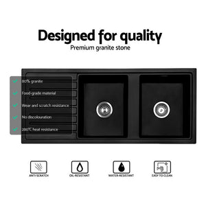 Cefito | Kitchen Sink | Stone Sink | Granite Laundry Basin | Double Bowl | 116x49cm | Black