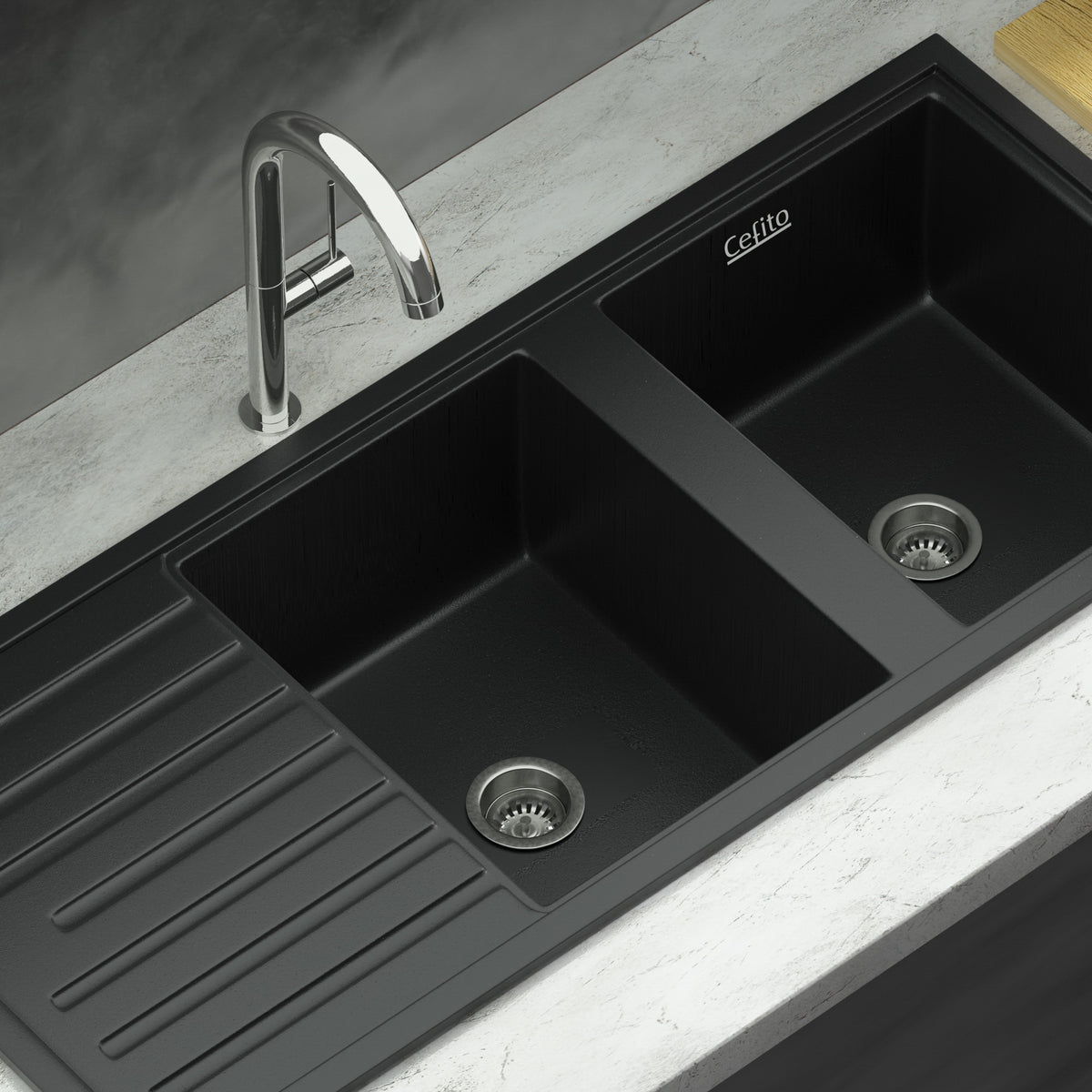 Cefito | Kitchen Sink | Stone Sink | Granite Laundry Basin | Double Bowl | 116x49cm | Black