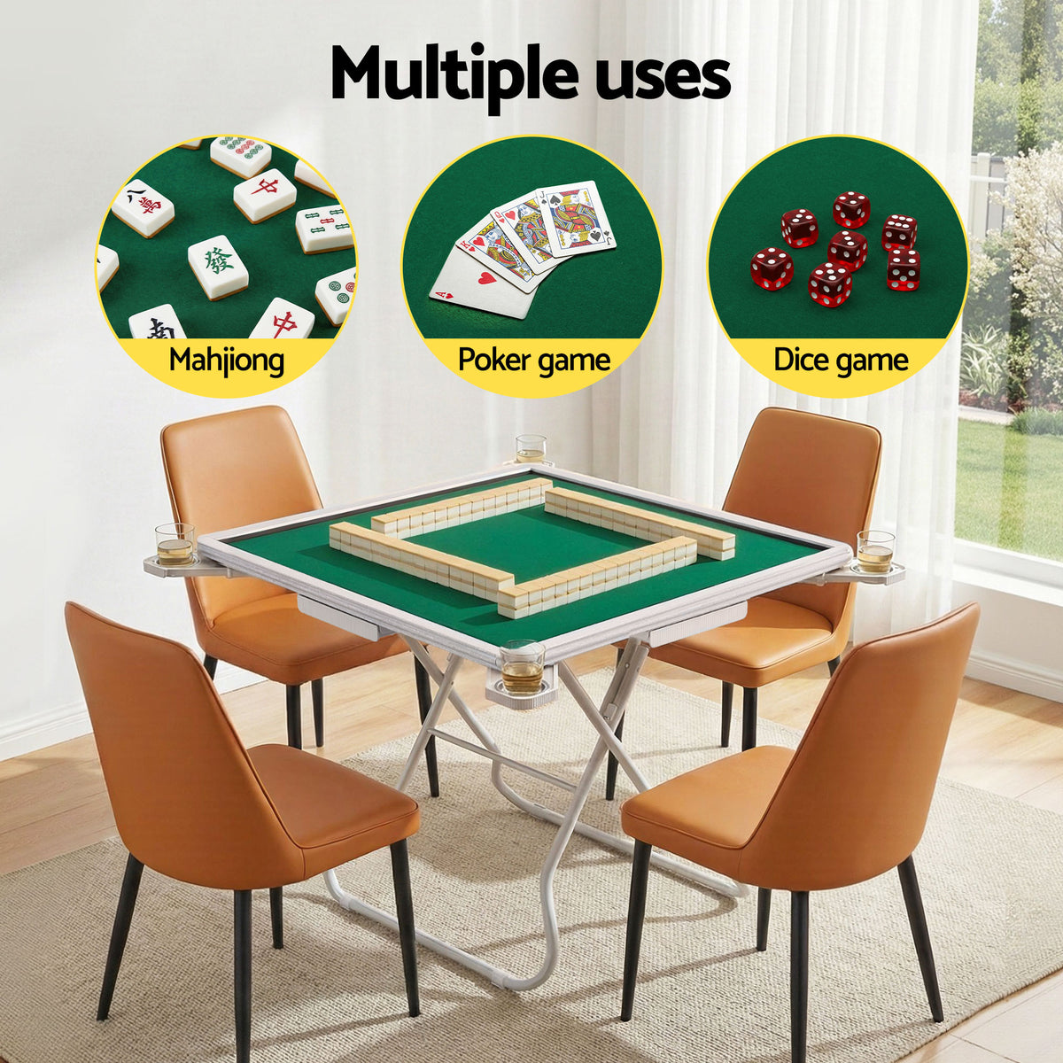 Folding Mahjong Table | 4 Drawers + Cup Holders | Green
