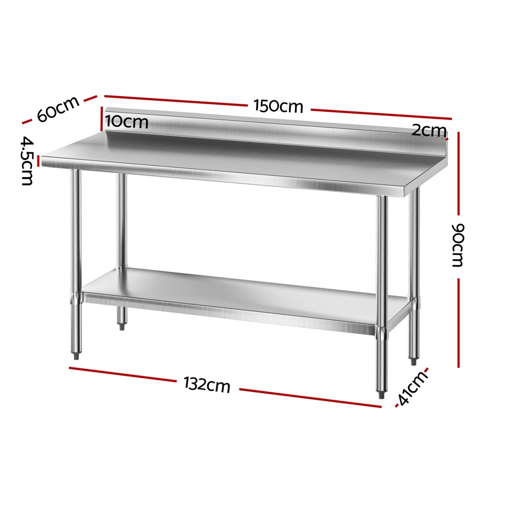 Cefito Stainless Steel Kitchen Bench | Splashback Work Table | 1500x600mm | 430 Grade