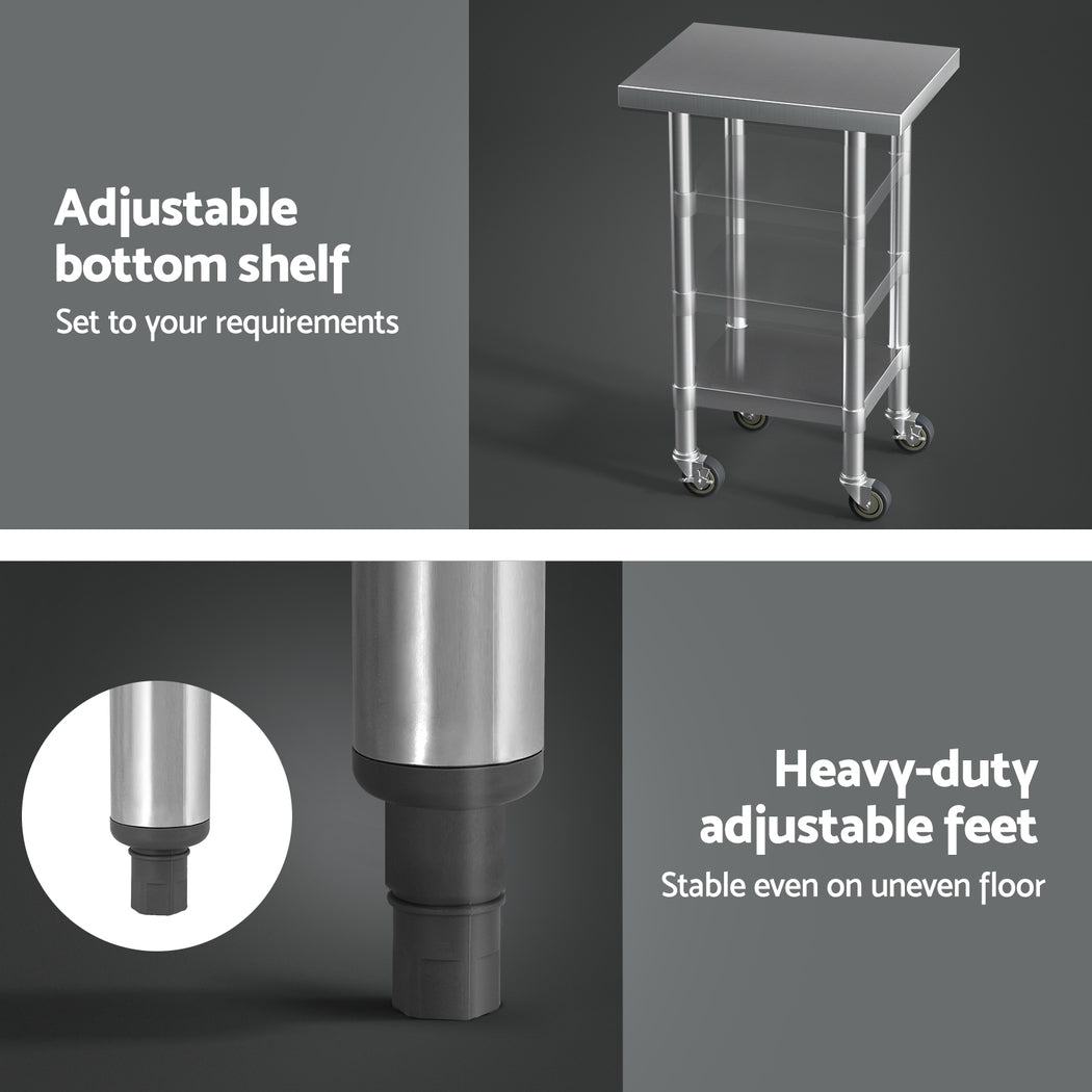 Cefito Stainless Steel Kitchen Benches | Work Bench | Wheels | 61x46cm | 430