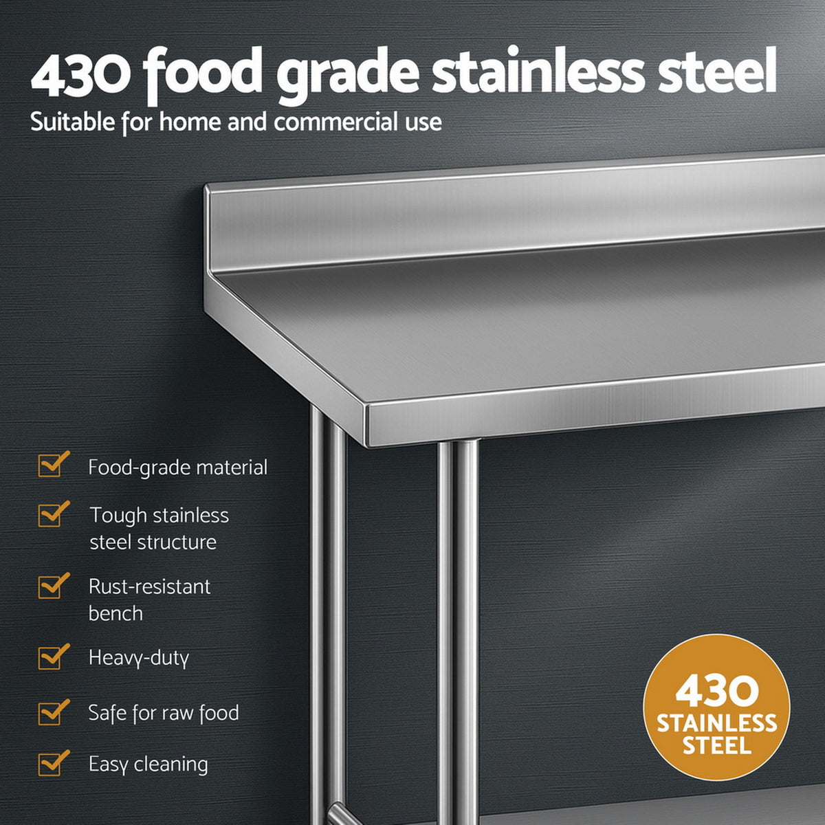 Stainless Steel Kitchen Bench | 1500x600mm | 430 Grade | Splashback