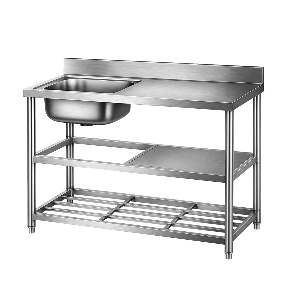 Stainless Steel Work Bench | 120cm | Kitchen Table | Sink + Splashback