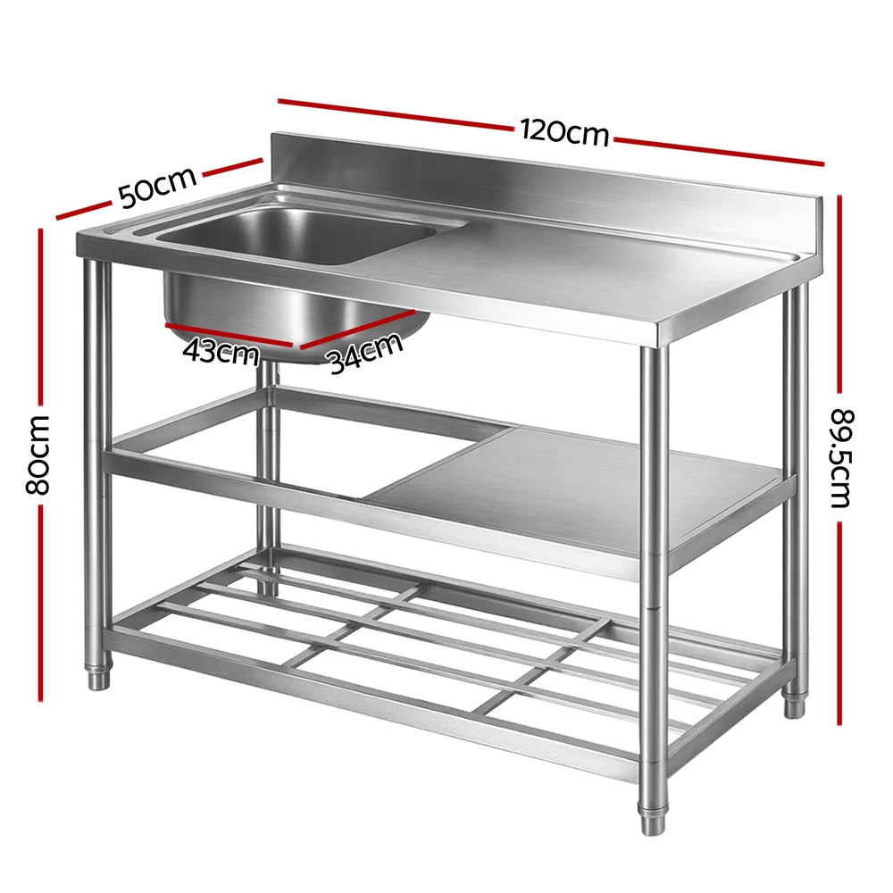 Stainless Steel Work Bench | 120cm | Kitchen Table | Sink + Splashback
