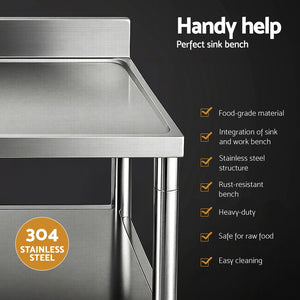 Stainless Steel Work Bench | 120cm | Kitchen Table | Sink + Splashback