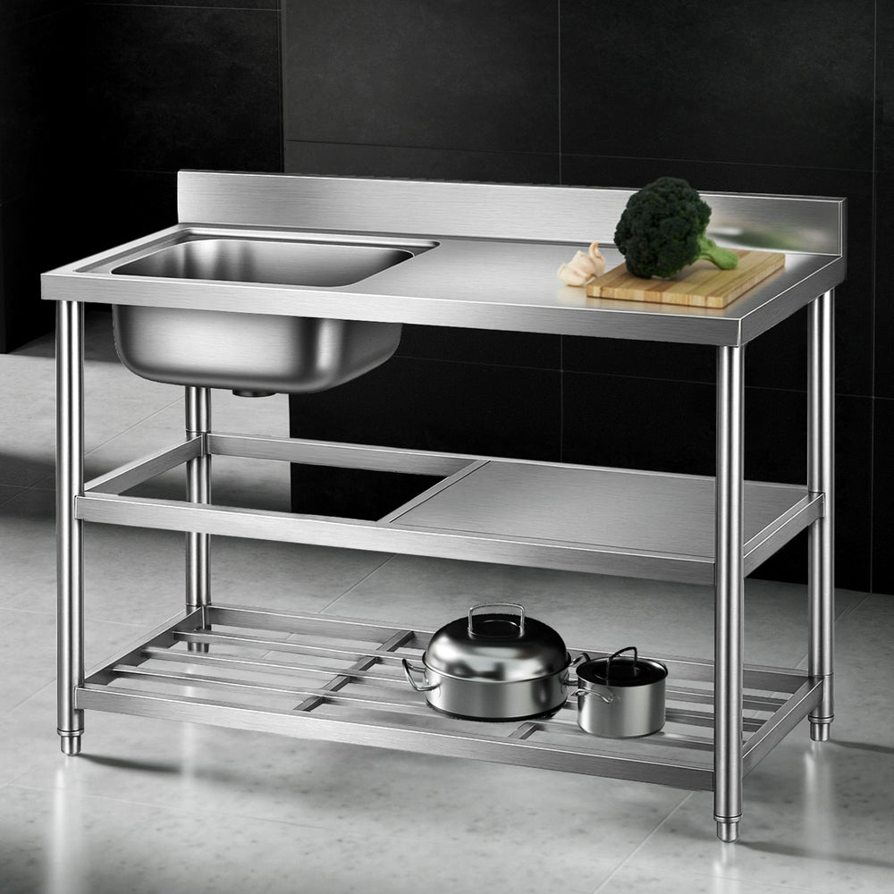 Stainless Steel Work Bench | 120cm | Kitchen Table | Sink + Splashback