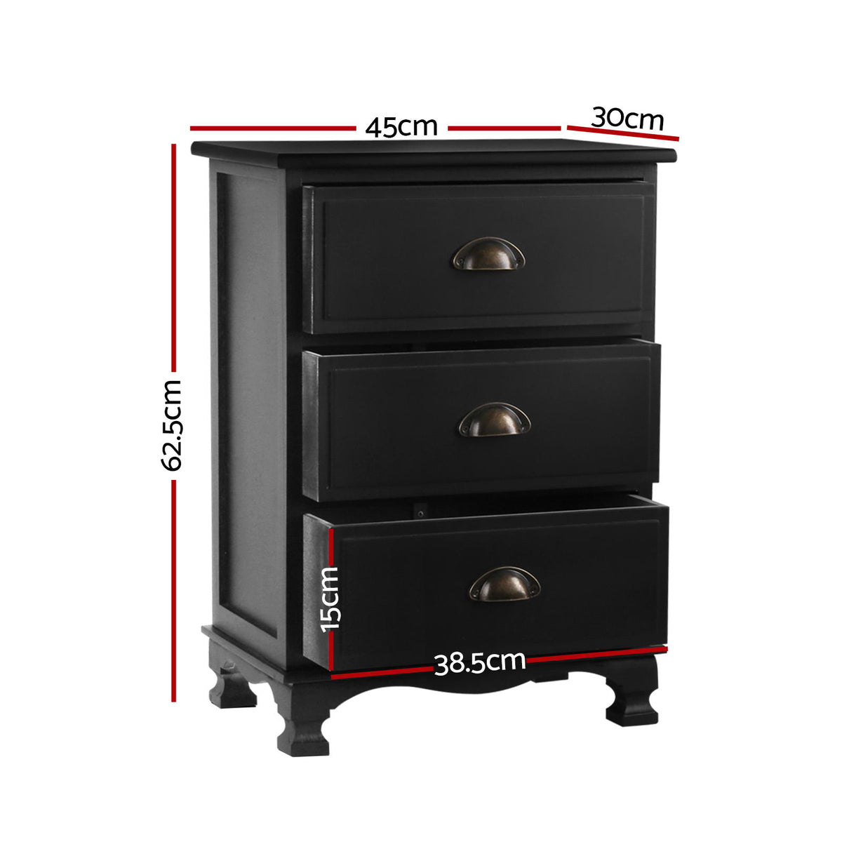 Artiss Bedside Tables | 2X | THYME | 3 Drawers | Vintage | Black
