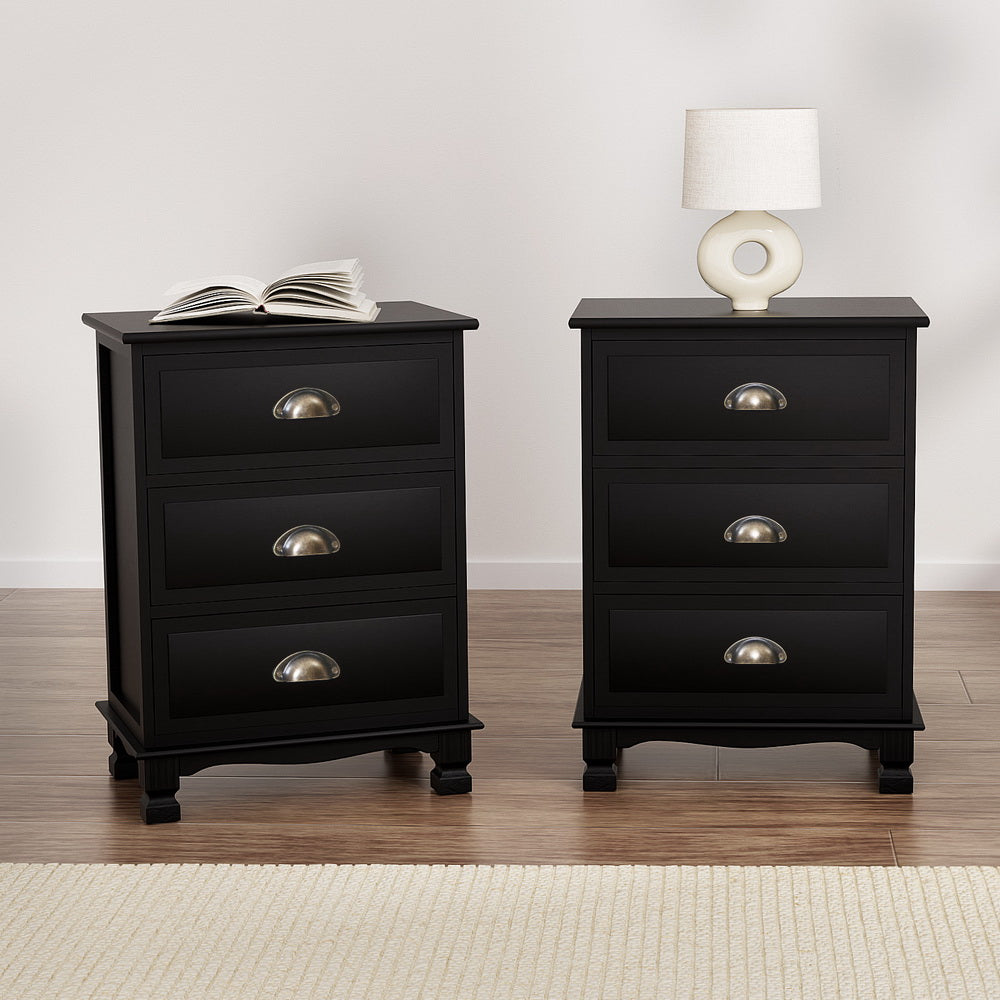 Artiss Bedside Tables | 2X | THYME | 3 Drawers | Vintage | Black