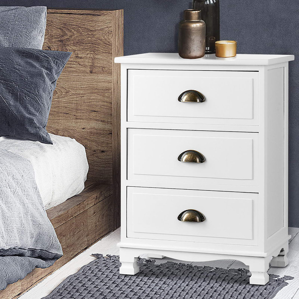 Artiss Bedside Tables | 2X | THYME | 3 Drawers | Vintage | White