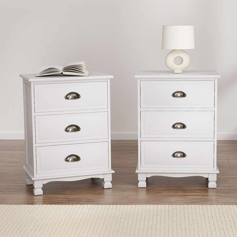 Artiss Bedside Tables | 2X | THYME | 3 Drawers | Vintage | White